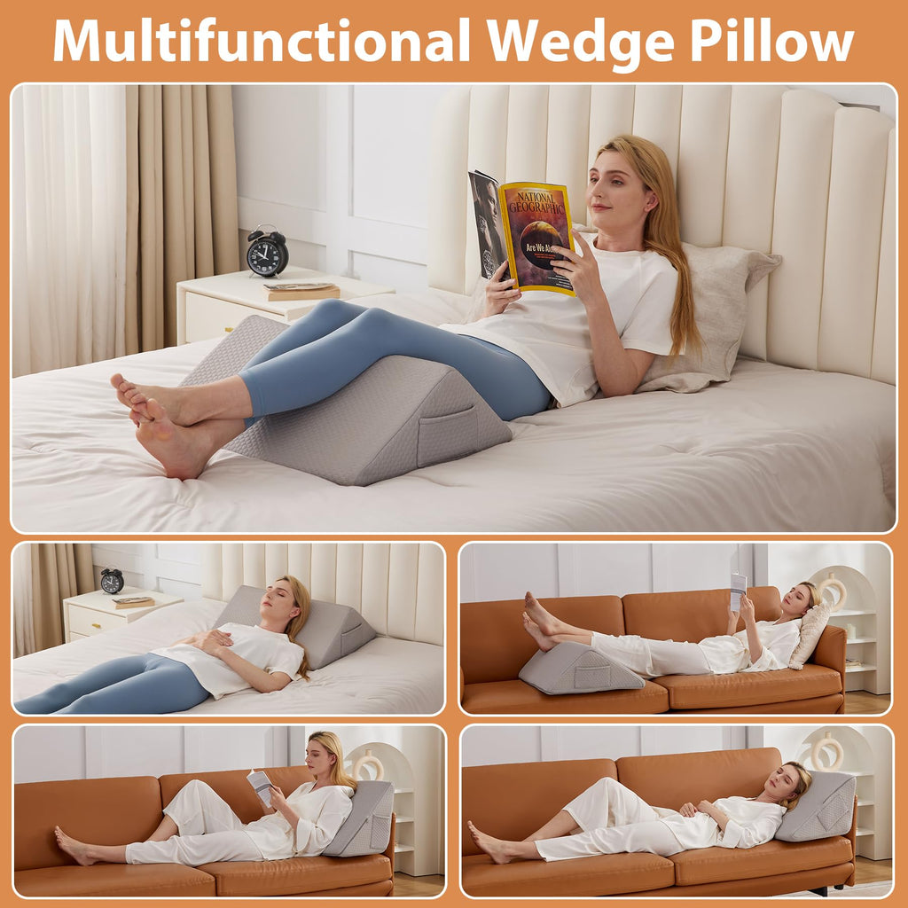 BIEEZZK Knee Wedge Pillow, Knee Pillows for Knee Pain, Leg Wedge for Knee Surgery Recovery, Memory Foam Triangle Pillow for Leg, Back Support, Sciatica Knee Hip Ankles Back Pain Relief Grey