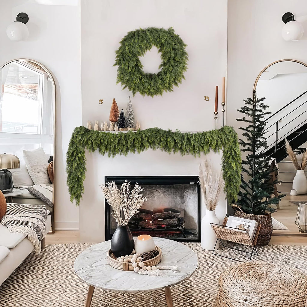 N&T NIETING 9ft Christmas Cedar Garland with Realistic Soft Thickness Pine, Artificial Green Faux Cedar Pine Garland for Fireplace Mantle Fireplace Indoor Outdoor Holiday Party Home Decoration
