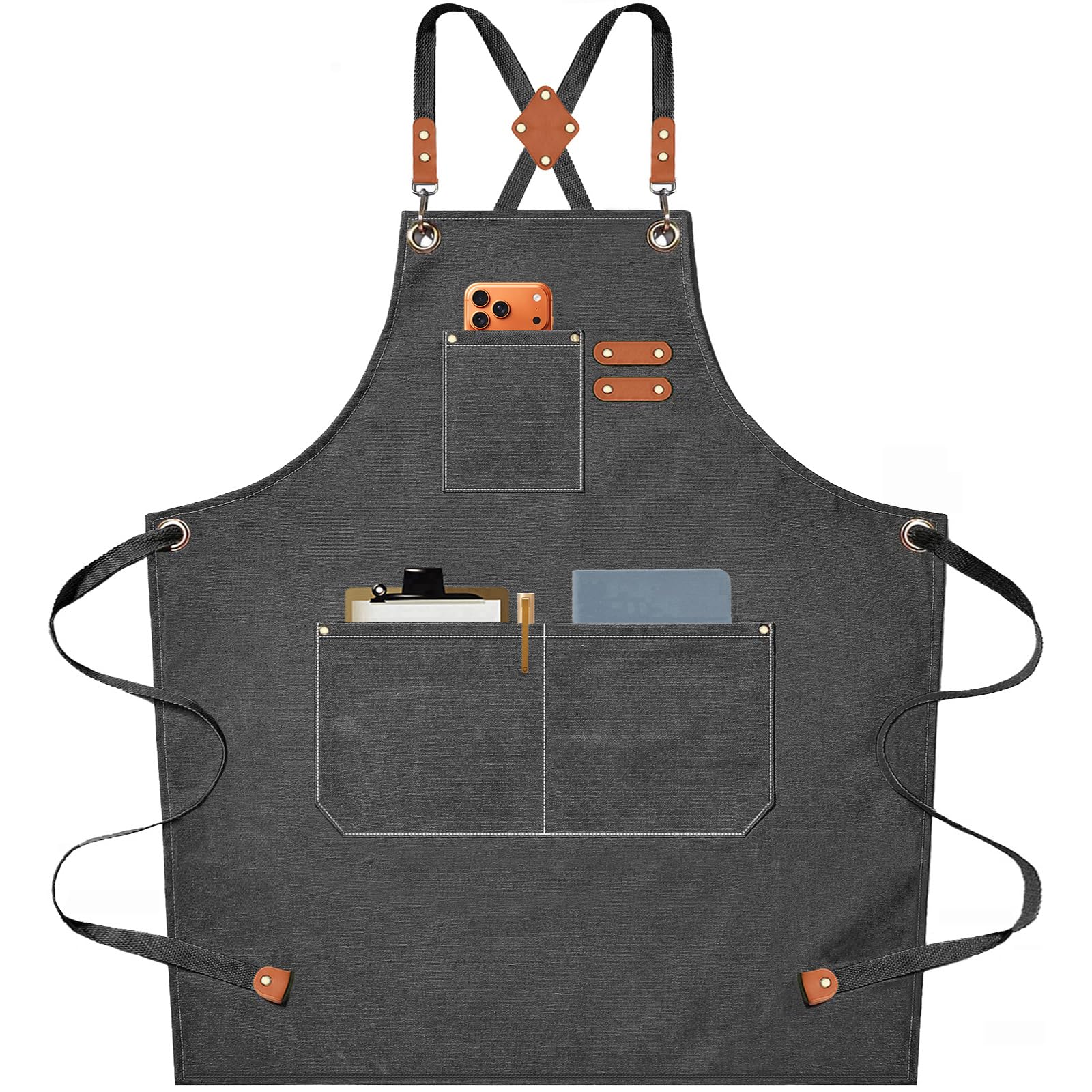 AFUN Chef Aprons for Men Women with Oversized Pockets, 16-Ounce Cotton Canvas Cross Back Heavy Duty Work Apron (Grey)