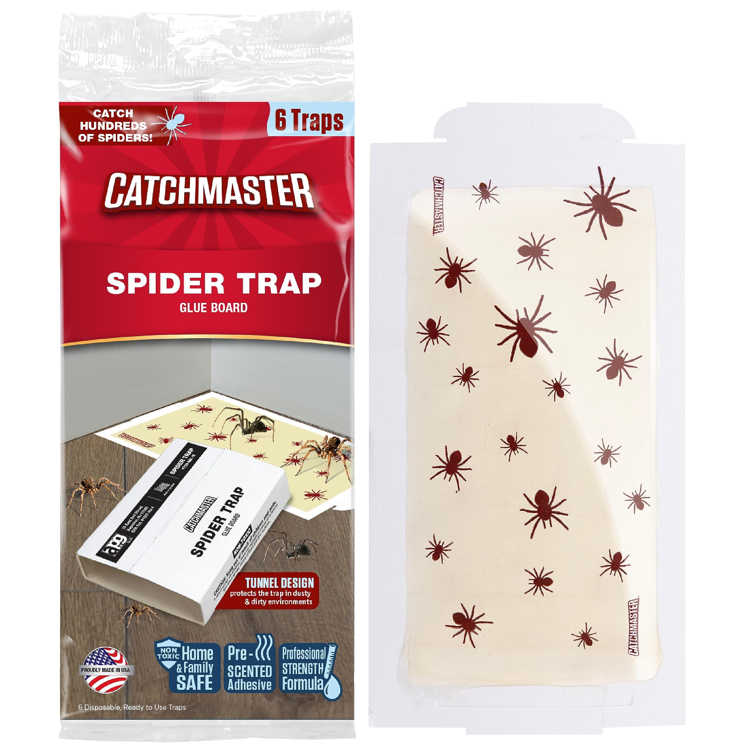 Catchmaster Spider Traps Glue Boards 6-Pack, Adhesive Bug Catcher, Insect, Scorpion, Cricket, Cockroach, & Spider Killer for Home, Bulk Glue Traps for House & Garage, Pet Safe Pest Control