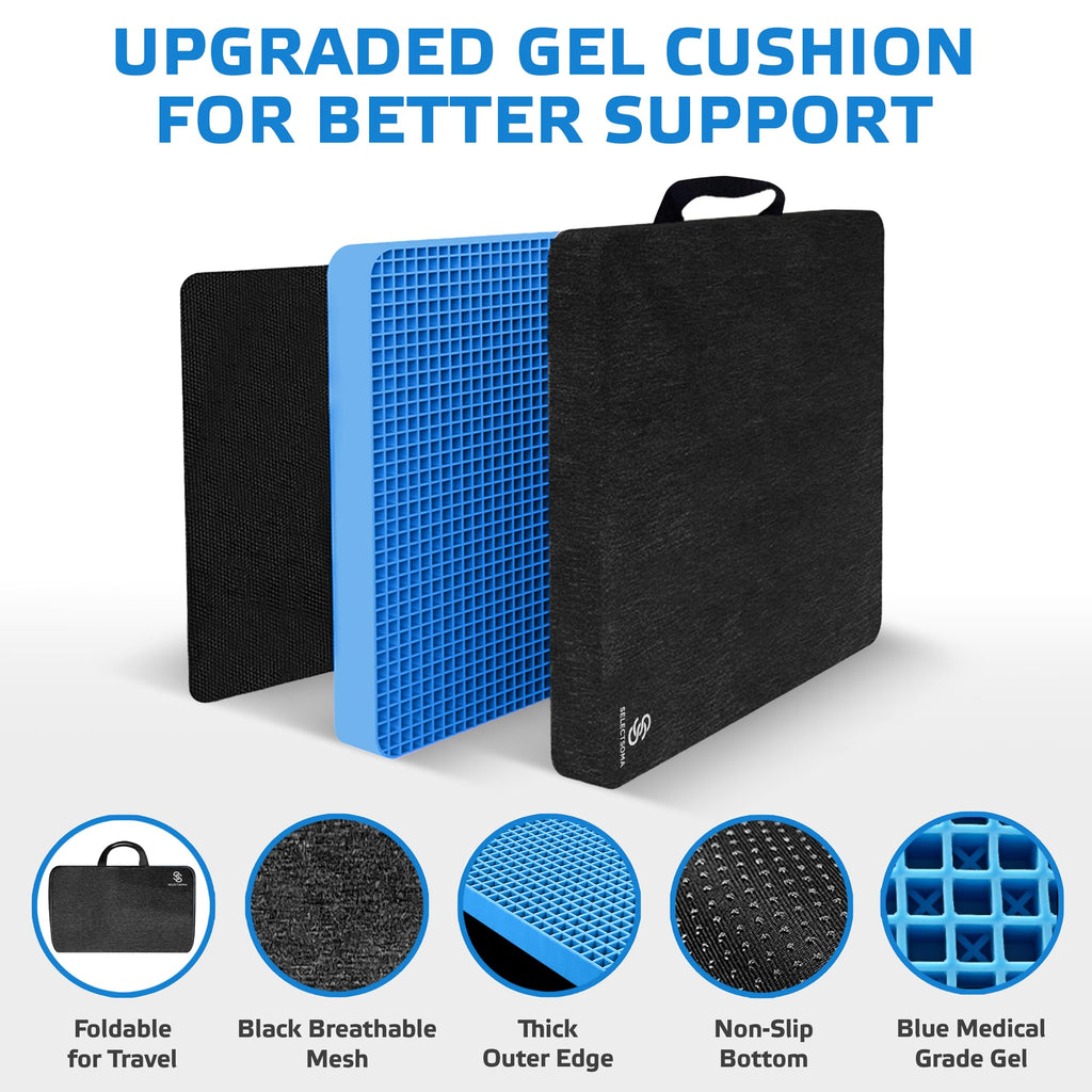 SelectSoma Travel Gel Seat Cushion for Long Sitting - Travel Pad for Car, Truck, Office Chair, Wheelchair - Cooling Gel Cushion for Sciatica, Tailbone, Back Pain, and Pressure Relief