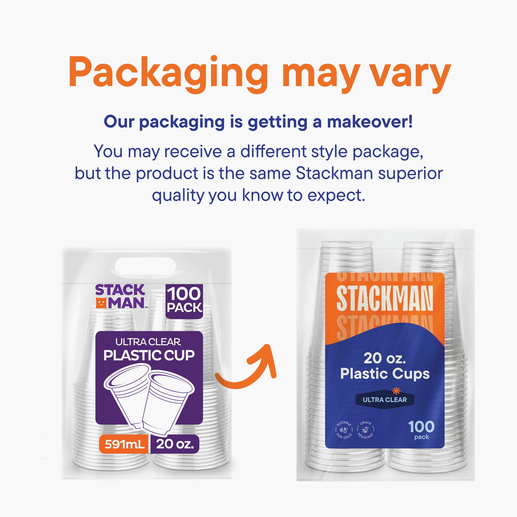 Stack Man [100 Pack - 20 oz.] Clear Disposable Plastic Cups PET Crystal Clear Disposable 20oz Plastic Cups