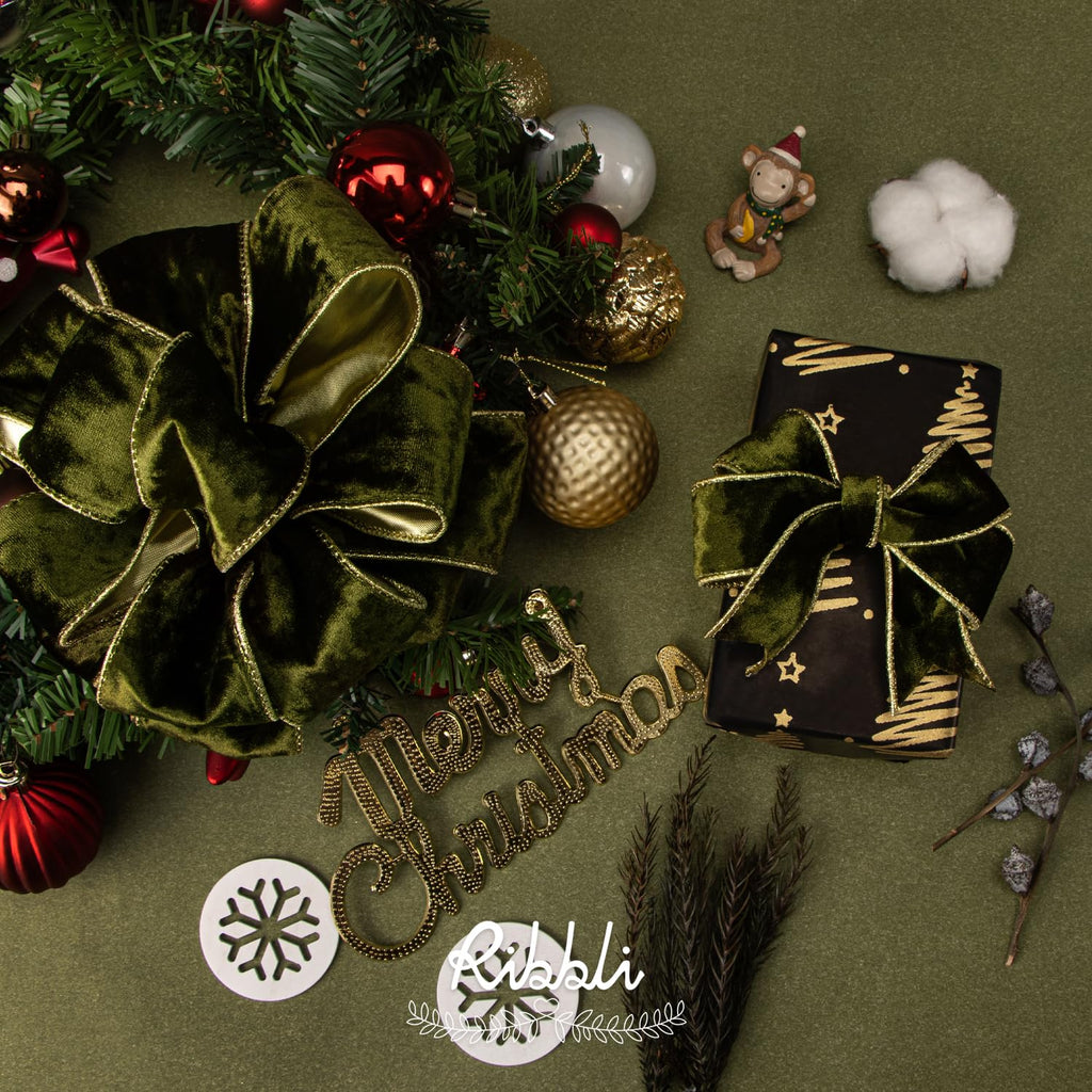Ribbli Olive Green Velvet Wired Ribbon 2.5 Inch Metallic Olive Green Crushed Velvet Christmas Ribbon for Gift Wrapping Christmas Tree Decoration Crafts Wreaths Supplies-Continuous 10 Yards