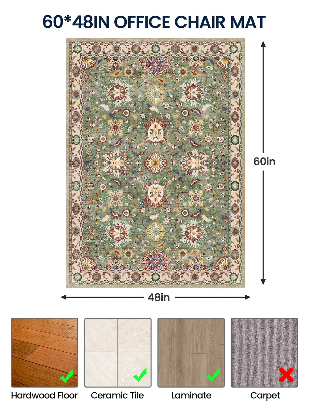 PROHALO Office Chair Mat for Hardwood Floor, 48"X 60" Desk Chair Mat for Hard Floors, Floor Mat for Office Chair，Under Desk Ofiice Rug for Rolling Computer Chair Gaming Chair-Green