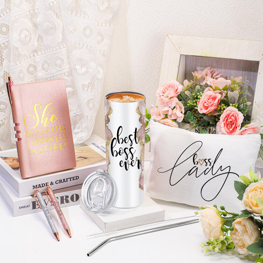 Domensi Best Boss Gift Set Thank You Gift for Women Lady Appreciation Day Gift 20oz Rustic Marble Sign Tumbler Makeup Bag A6 Notepad with Ballpoints Boss Day Gift Office Leader Christmas Gift(Pink)