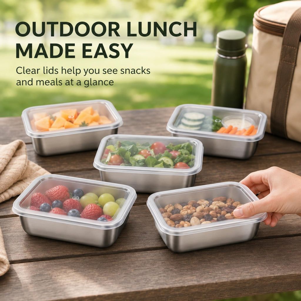 5 PCS Stainless Steel Storage Container Sets - Clear Lids, Stackable Food Storage | Kitchen Containers, Fruit & Snack Organization (Multi-Use)