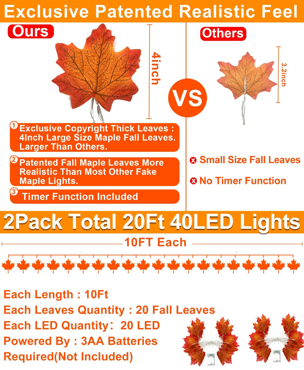 TURNMEON 2 Pack Thanksgiving Decorations Enlarged Maples Leafed Fall Decorations for Home Fall Lights Thick Leafs Garlands, Total 20Ft 40LED Battery Operated Waterproof Halloween Decor Indoor Outdoor