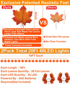 TURNMEON 2 Pack Thanksgiving Decorations Enlarged Maples Leafed Fall Decorations for Home Fall Lights Thick Leafs Garlands, Total 20Ft 40LED Battery Operated Waterproof Halloween Decor Indoor Outdoor