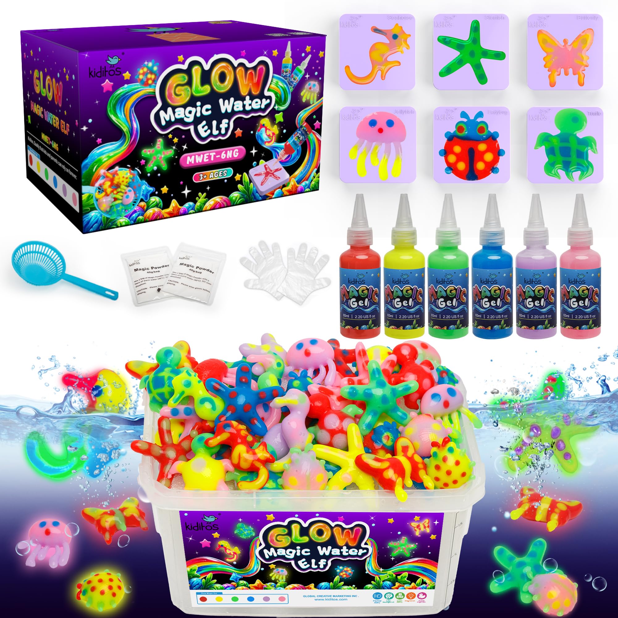 Kiditos Glow in The Dark Magic Water Elf Toy Kit, Magic Aqua Fairy Water Gel Kit with 6 Glow Colors and 6 Molds. Christmas Gifts, Birthday Gifts, Party Favors, Arts & Crafts DIY STEM Kits for Kids