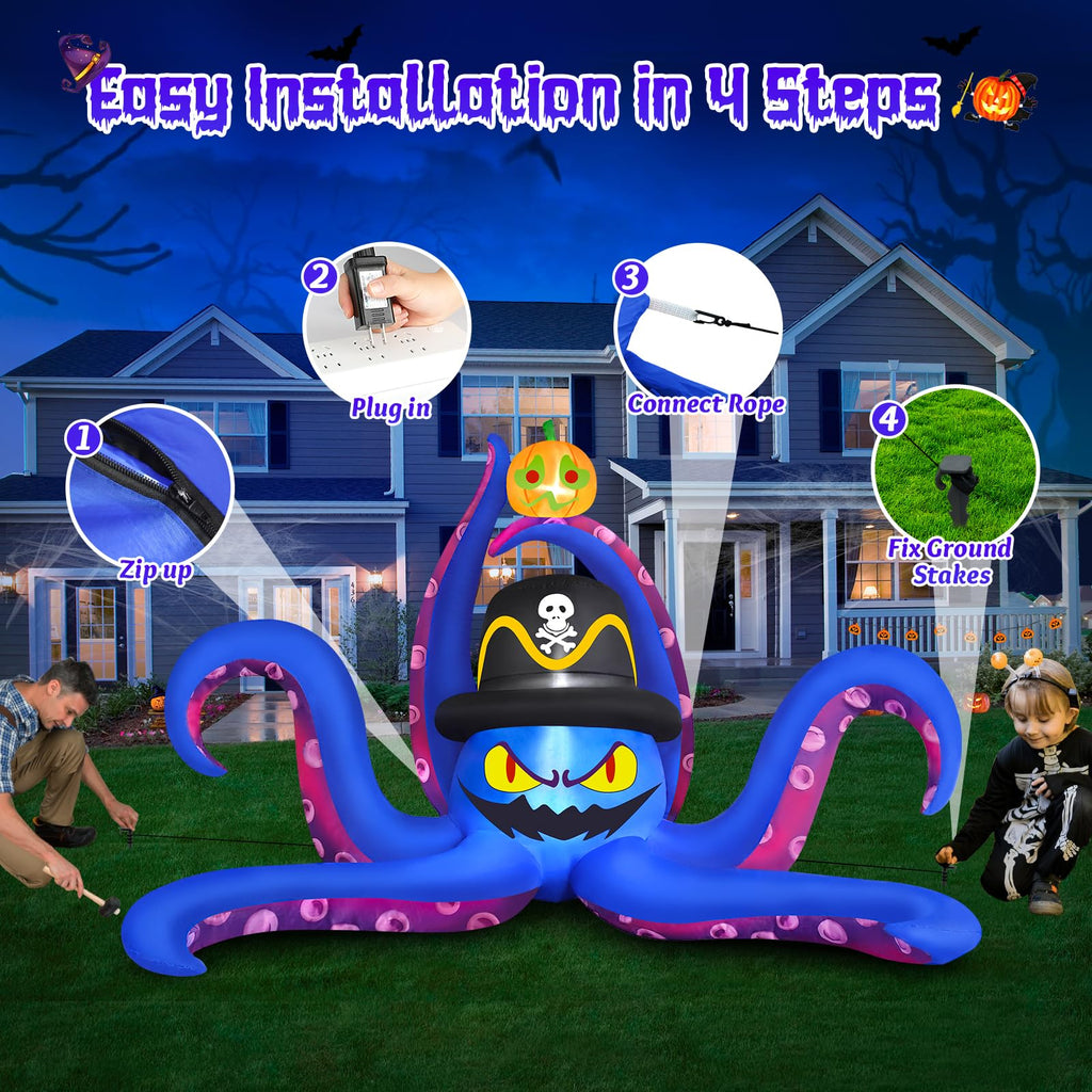 MICOCAH 8 FT Octopus Halloween Inflatables Outdoor Decoration with Pirate Hat Holding Up Pumpkin Halloween Blow Up Decorations Built-in LED Lights Holiday Party Indoor Garden Lawn Yard Decor