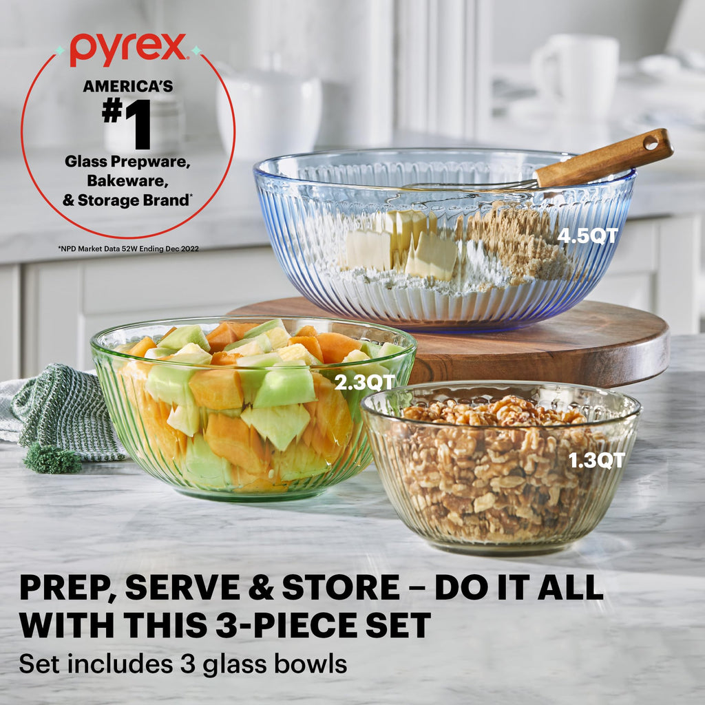 Pyrex Colors Tinted 3-PC, Unlidded Small/Medium/Large Glass Mixing Bowls, Nesting Space Saving Set of Bowls For Prepping and Baking, 1.3QT, 2.3QT & 4.5QT