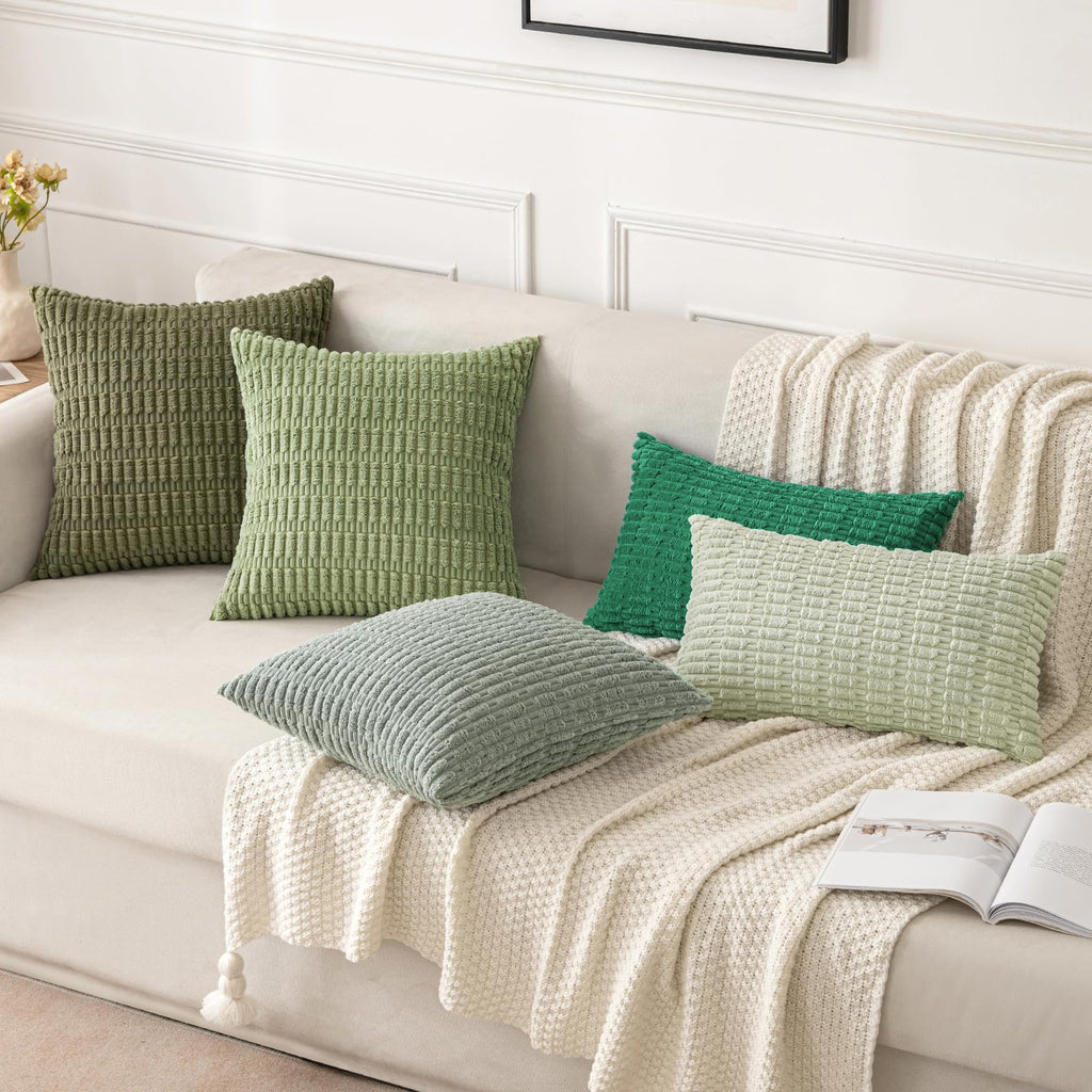 MIULEE Pack of 2 Green Corduroy Decorative Throw Pillow Covers 18x18 Inch Soft Boho Striped Pillow Covers Modern Farmhouse Christmas Home Decor for Sofa Living Room Couch Bed