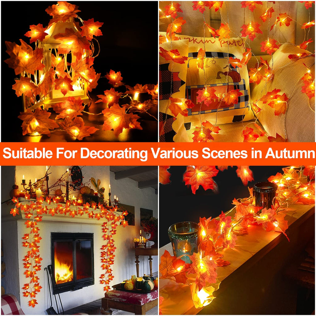 TURNMEON 2 Pack Thanksgiving Decorations Enlarged Maples Leafed Fall Decorations for Home Fall Lights Thick Leafs Garlands, Total 20Ft 40LED Battery Operated Waterproof Halloween Decor Indoor Outdoor