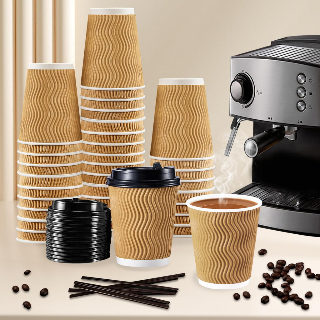 SIUQ 90 Pack - 8 oz Disposable Coffee Cups with Lids and Straws,To go Coffee Cups,Insulated Corrugated Paper Cups,Kraft Ripple Wall Cups for Hot Beverage or Cold Drinks -Champagne