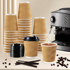 SIUQ 90 Pack - 8 oz Disposable Coffee Cups with Lids and Straws,To go Coffee Cups,Insulated Corrugated Paper Cups,Kraft Ripple Wall Cups for Hot Beverage or Cold Drinks -Champagne
