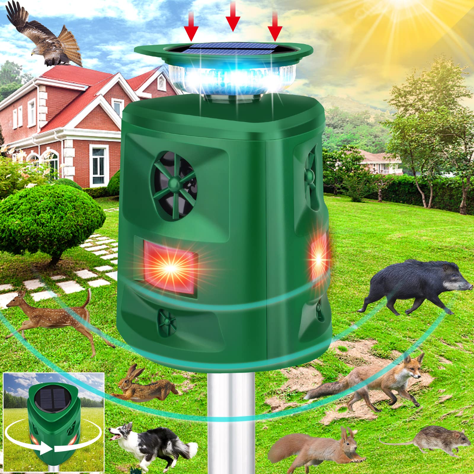 Ultrasonic Animal Repeller,360°Solar Pest Repellent,Cat Repellent Outdoor,Squirrels Repellent with Motion Sensor & Flashing Light, Repel,Rabbit,Raccoon,Dog,Bird