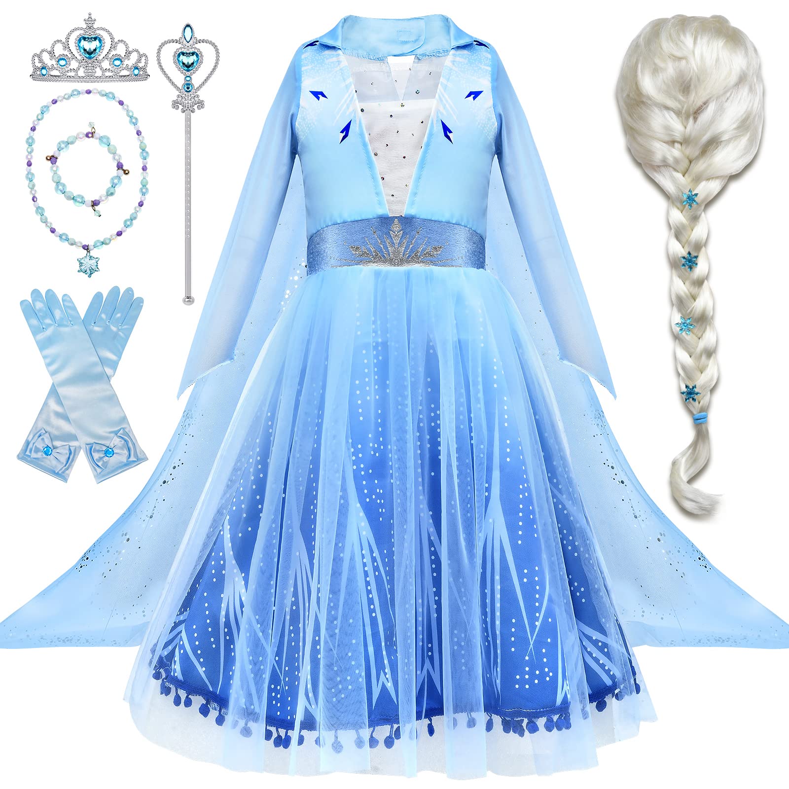 Tacobear 10Pcs Frozen Elsa Costume Dress For Girls Kids Toddler Princess Dress Up Clothes For Little Girls With Elsa Accessories Gloves Crown Wands Wig Necklace For 3T Kids Christmas Birthday Party