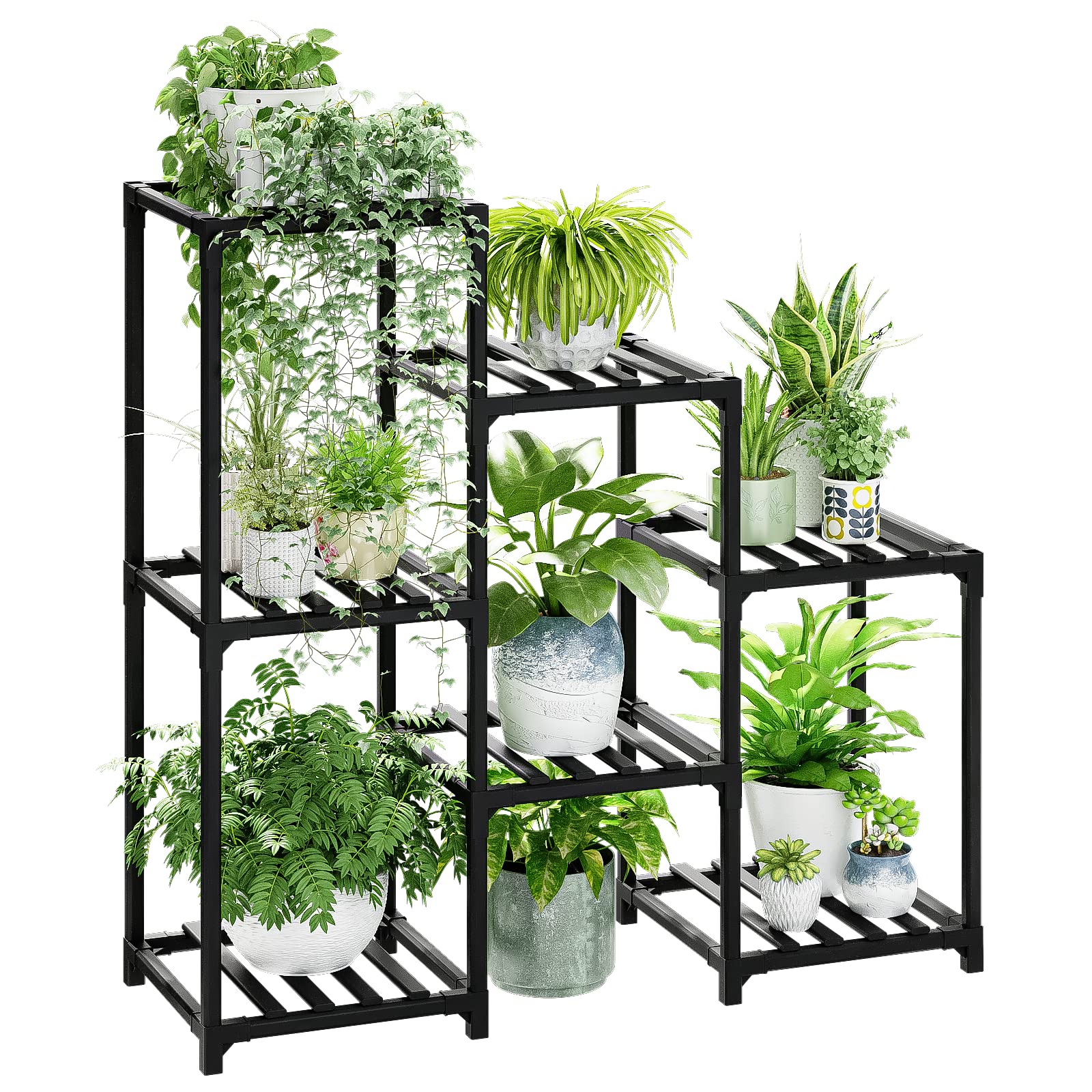 Bamworld Outdoor Black Plant Shelf Indoor Tiered Table for Multiple Plants 3 Tiers 7 Potted Ladder Plant Holder Pot Stand for Window Garden Balcony Living Room