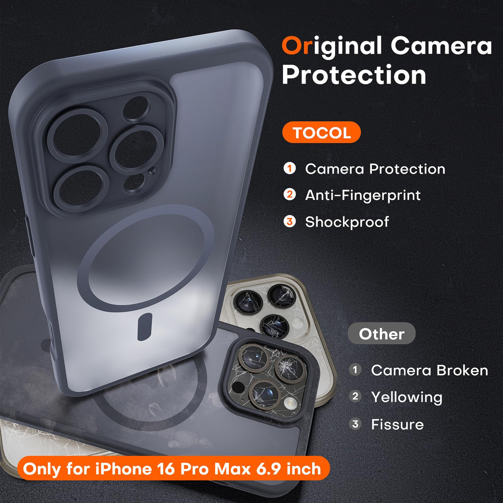 TOCOL 3 in 1 Magnetic for iPhone 16 Pro Max Case, Upgraded Full Camera Protection, Compatible with Magsafe, Drop Protection, Translucent Matte Back Bumper for 16 ProMax Case 6.9-Inch（Black）