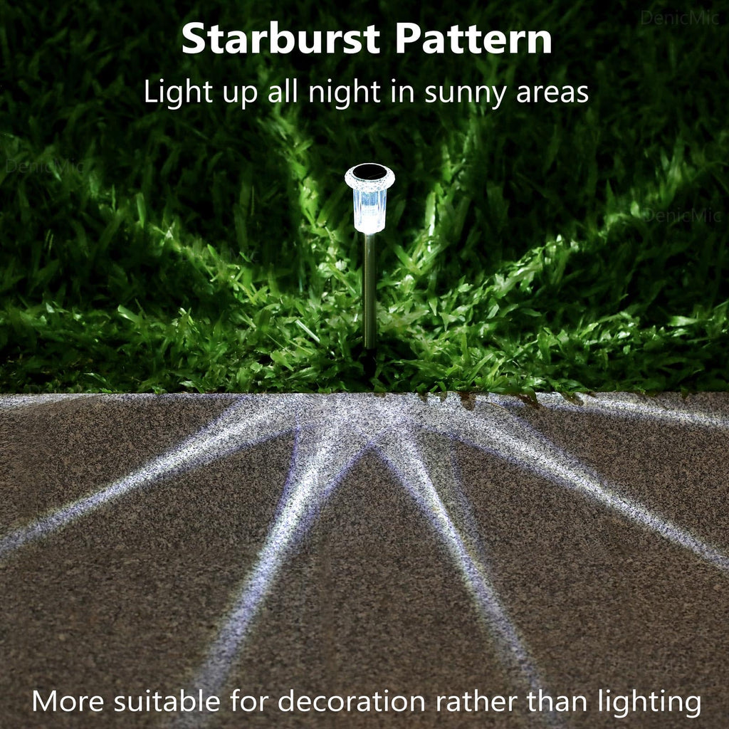 DenicMic Solar Lights Outdoor 10 Pack Waterproof 6000K Cold White LED Stainless Steel Stake for Pathway Yard Garden Driveway Solar Powered Outside Christmas Decor