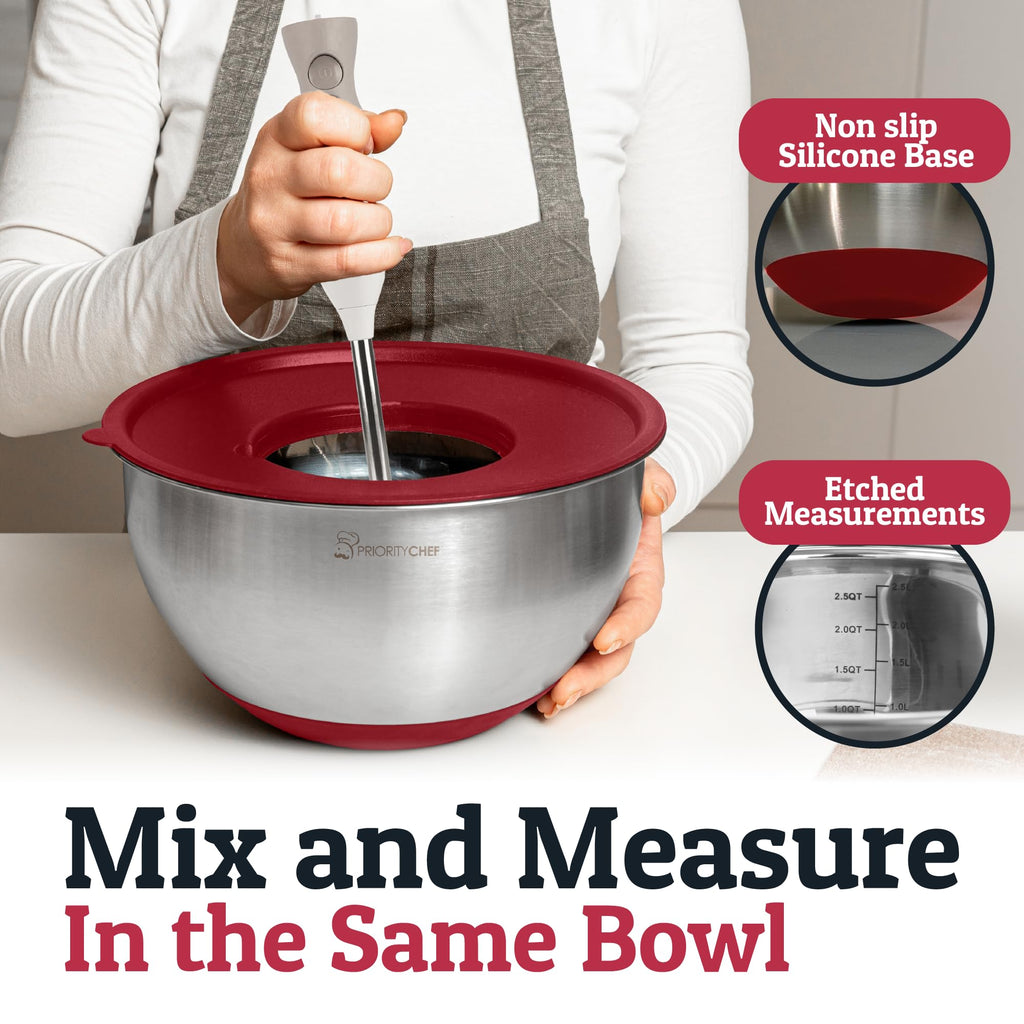 Priority Chef Stainless Steel Mixing Bowls with Lids Set, 3 Grater Attachments, Airtight Lids, Non-Slip Silicone Base Mixing Bowl Set, Large Prep Metal Mixing Bowls for Kitchen, Green