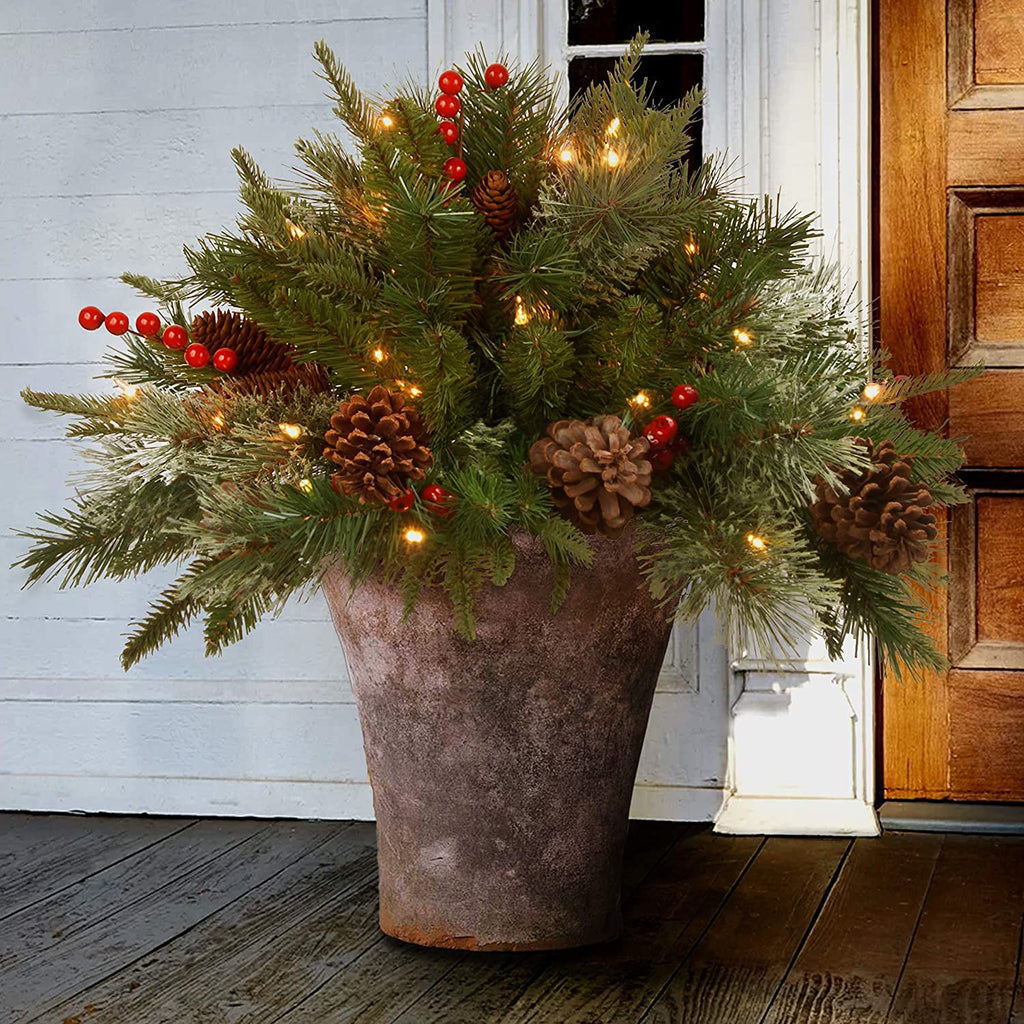 National Tree Company Company Pre-lit Artificial Christmas Tree Feel Real Urn Filler | Flocked with Mixed Decorations Strung LED Lights with Stand | Colonial-18 Inch, 18", Warm White