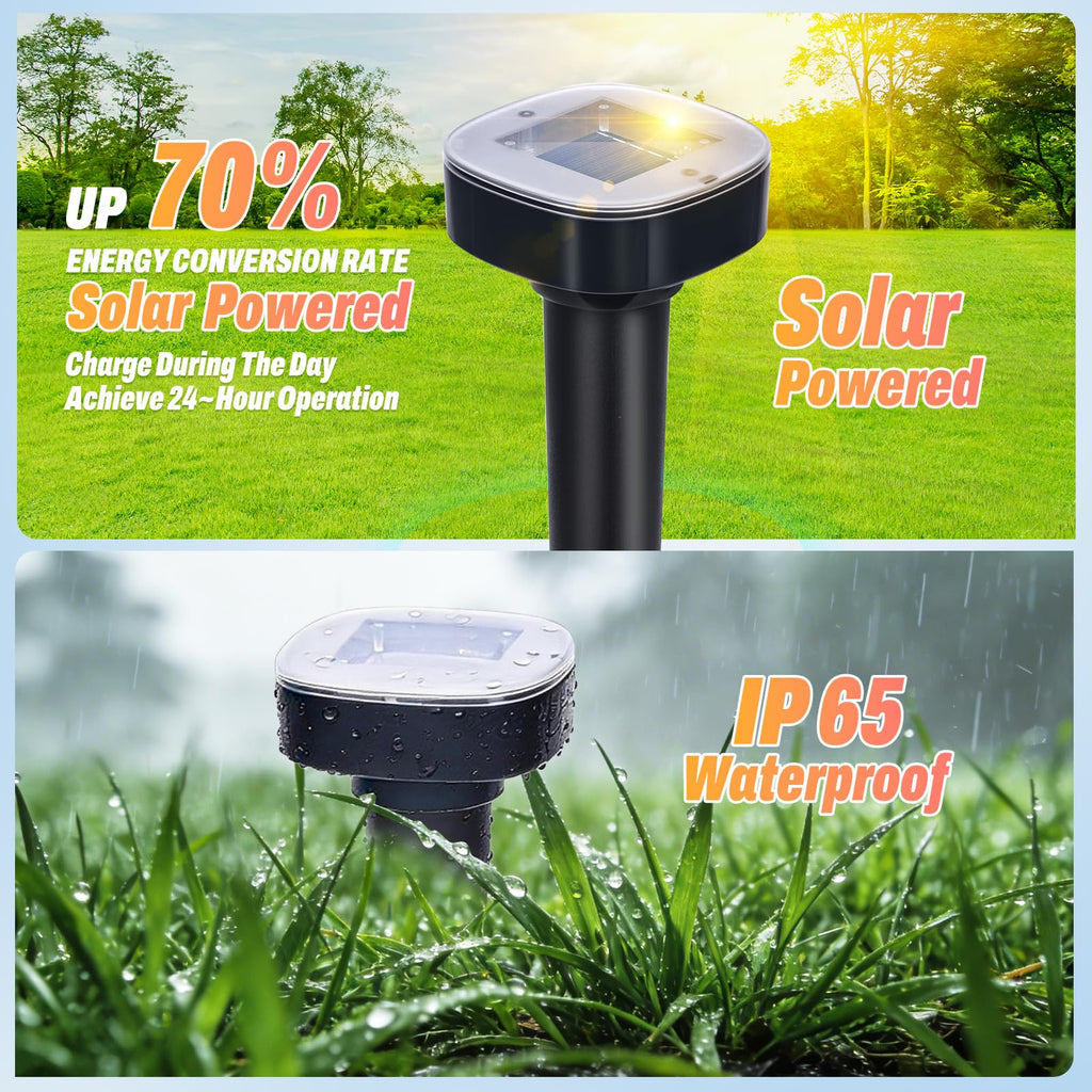4 Pack Mole Repellent Solar Powered, Snake & Skunk & Vole & Gopher & Armadillo & Rabbit & Groundhog & Chipmunk & Raccoon Repellent for Yard, IP65 Waterproof Ultrasonic Deterrent for Lawns Garden
