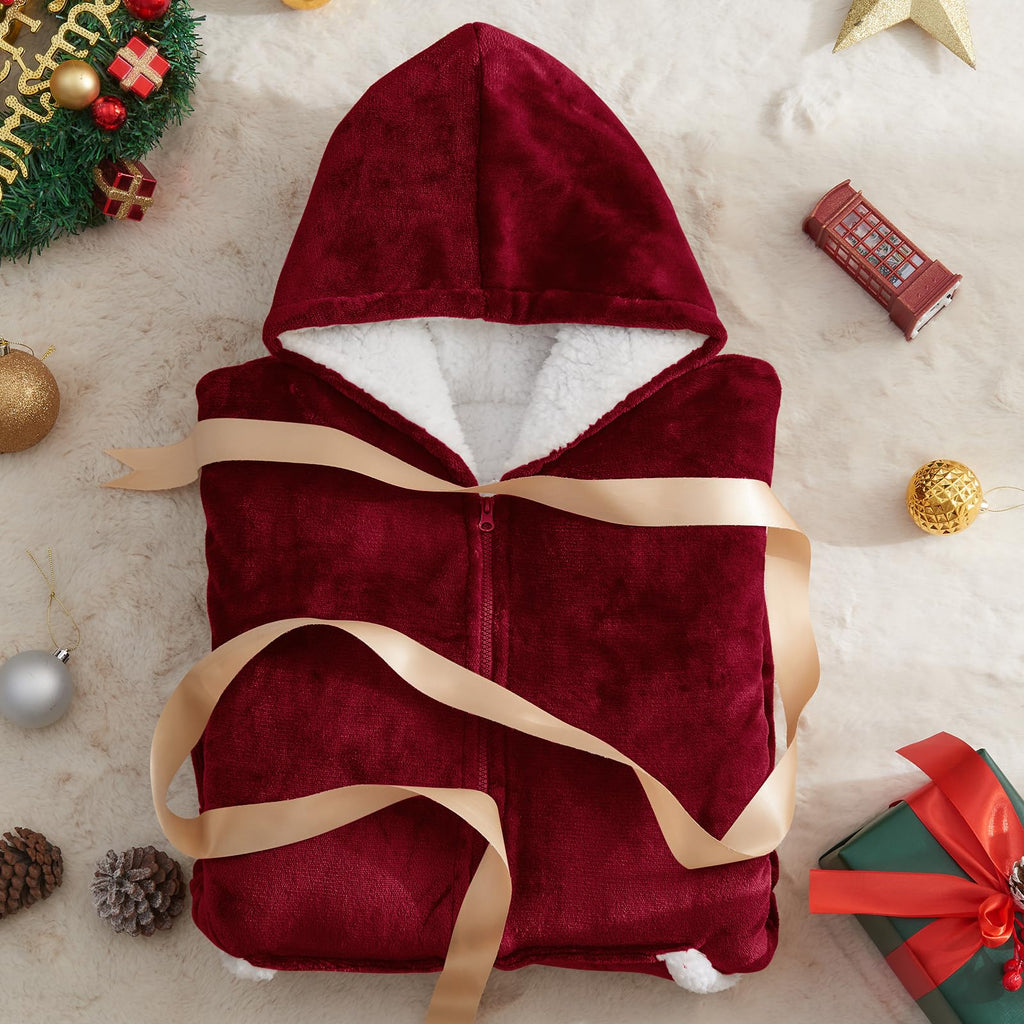 JOYWOO Wine Red Wearable Blanket Hoodie, Christmas Birthday Gifts for Mom Women Men, Oversized Hooded Blanket for Adult, Cozy Fuzzy Sherpa Sweatshirt Blanket with Giant Pocket and Zipper