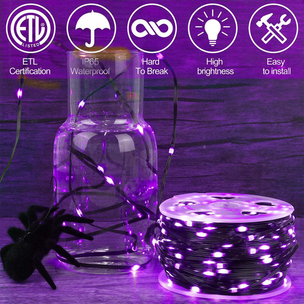 WATERGLIDE Extra Long 328 FT Halloween Lights, 1000 LED Outdoor Fairy String Lights, Green PVC Copper Wire Christmas Lights, Plug in 8 Modes & Waterproof for Tree Party Home Yard Decor, Purple