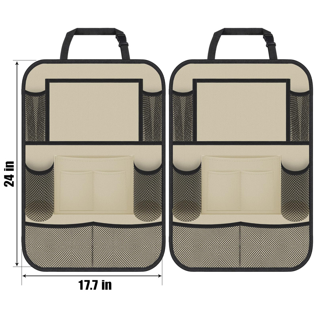 ULEEKA Car Backseat Organizer with 11" Table Holder, 10 Storage Pockets Seat Back Protectors Kick Mats for Kids Toddlers, Travel Accessories, 2 Pack, Beige