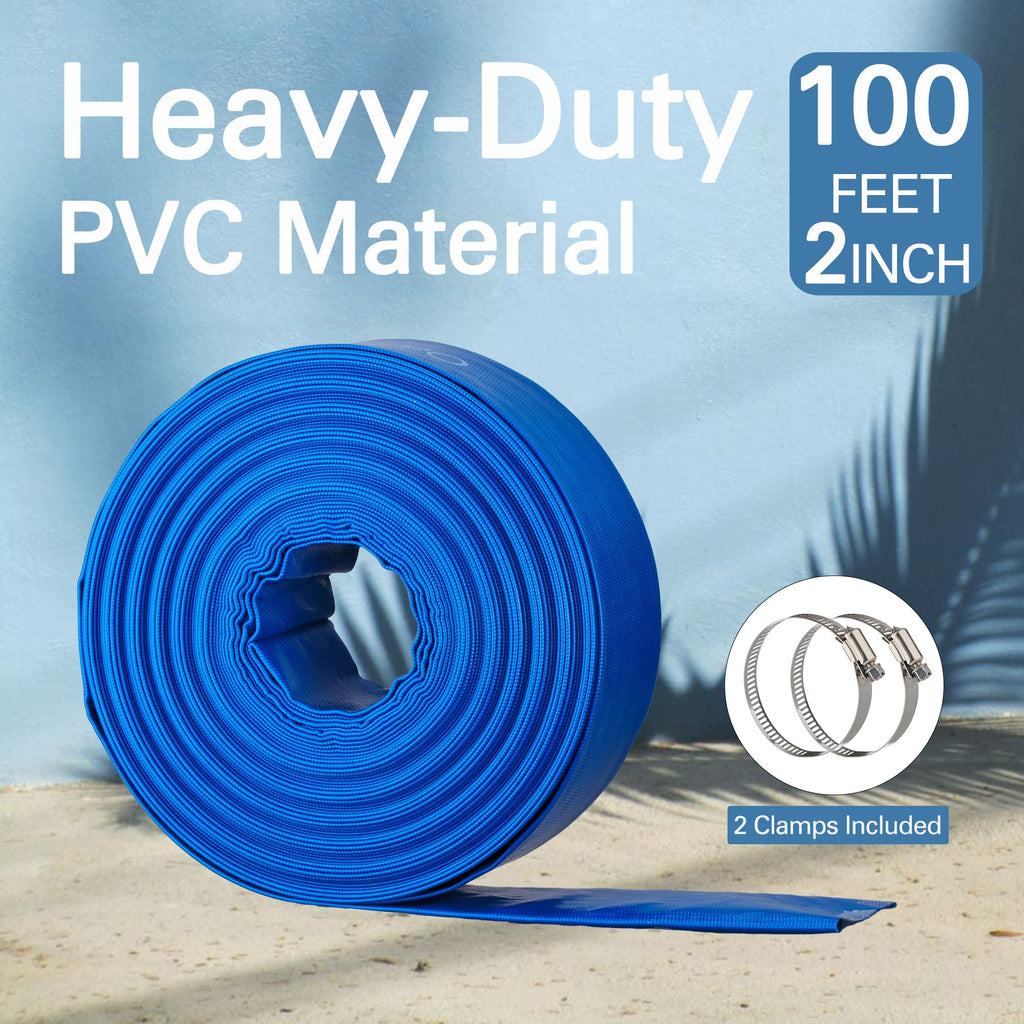 OasisTrim 2" x 100FT Pool Backwash Hose, Heavy-Duty Pool Hose, Lay Flat Discharge Hose, Durable Burst Resistant, Pool Filter Pump Water Drainage, Sump Pump Discharge, with 2 Clamps