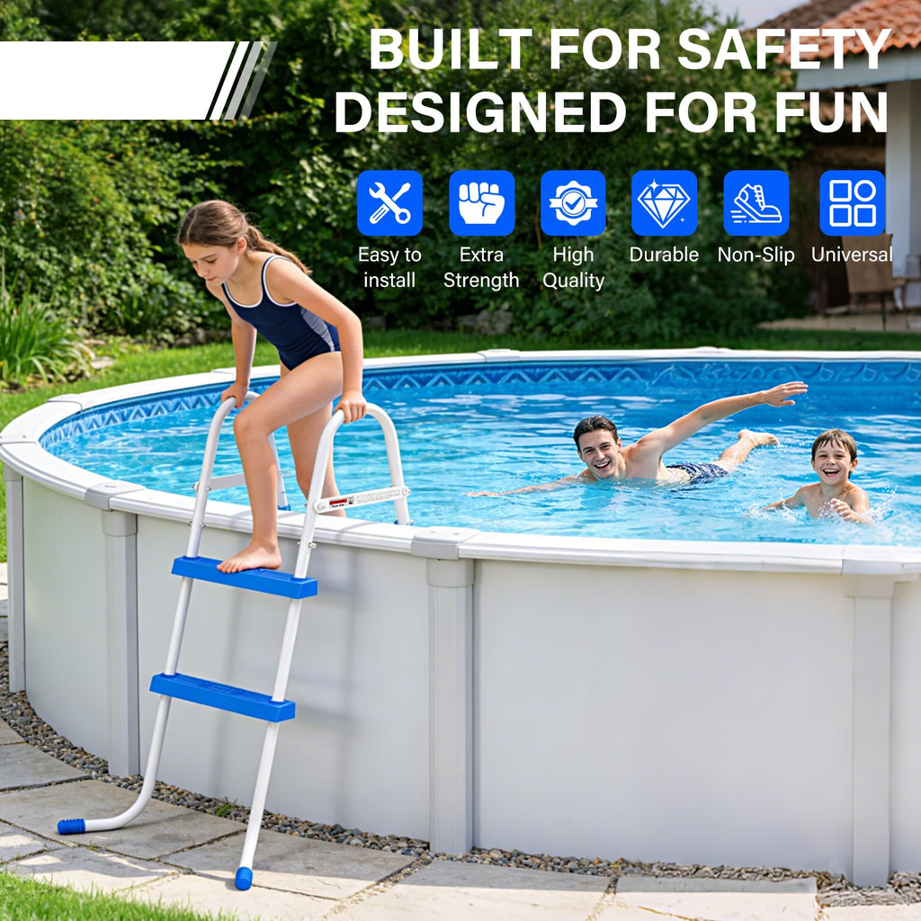 REGMICS Heavy Duty Steel Frame Swimming Pool Ladder for Above Ground Pools, 2-Step Double-Sided Pool Stairs for 33.5" Height Pools, 450lbs Capacity with Anti-Slip Rubber Feet & Wide Steps