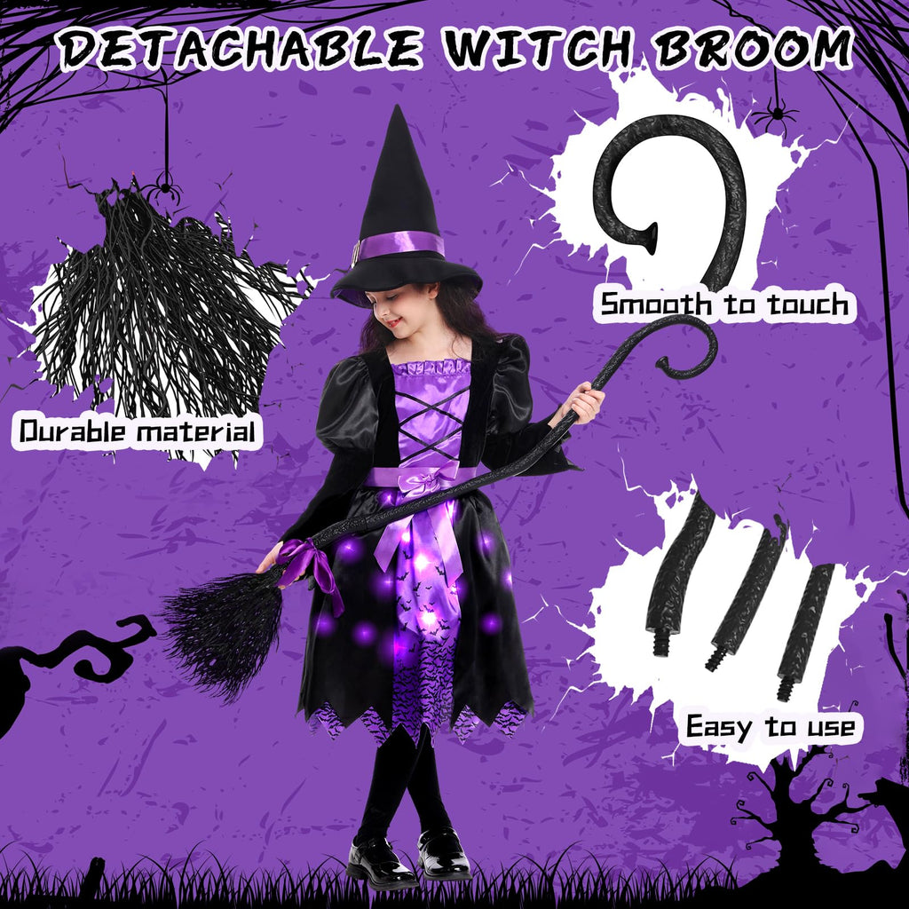 Light Up Halloween Girls Witch Costume, Toddler Witch Dress Set with Hat and Broom, Kids Witch Costumes for Halloween Themed Role-Play Party (Large)