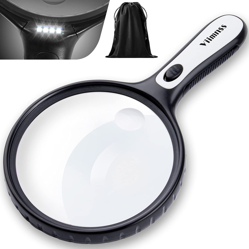 Large Magnifying Glass with Light, 5X 15X Magnifier Handheld Illuminated Lighted Magnifier with 4 LED Lights Storage Bag Clean Cloth for Seniors Reading, Inspection, Exploring