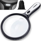 Large Magnifying Glass with Light, 5X 15X Magnifier Handheld Illuminated Lighted Magnifier with 4 LED Lights Storage Bag Clean Cloth for Seniors Reading, Inspection, Exploring