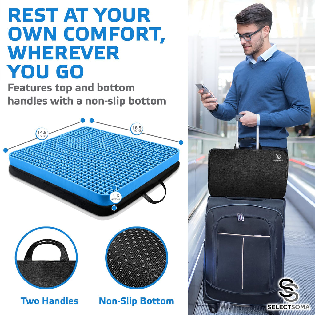 SelectSoma Travel Gel Seat Cushion for Long Sitting - Travel Pad for Car, Truck, Office Chair, Wheelchair - Cooling Gel Cushion for Sciatica, Tailbone, Back Pain, and Pressure Relief