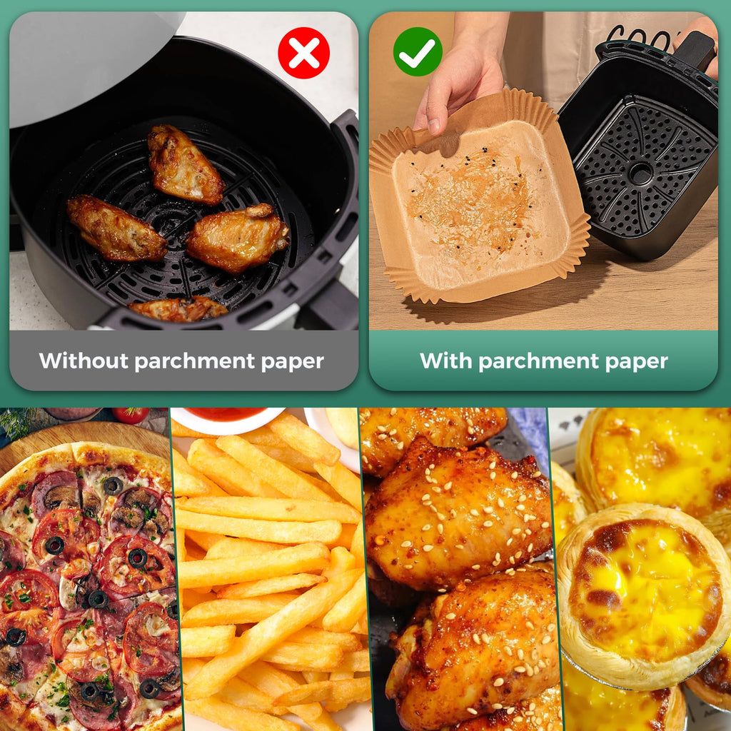 250 Pcs 8" Square Air Fryer Liners Disposable, Unbleached Parchment Paper Liners for Airfryer Basket, Non-Stick & Leakproof Baking Paper for Oven Roasting