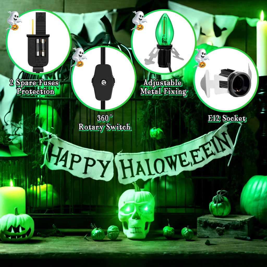 Enhon 2 Pack Accessory Cord with 1 LED Light Bulb, Blow Mold Light with C7 Lamp, Black Cord with On/Off Switch Plug, Christmas Village Light for Holiday Indoor Decor Craft Projects (Green)