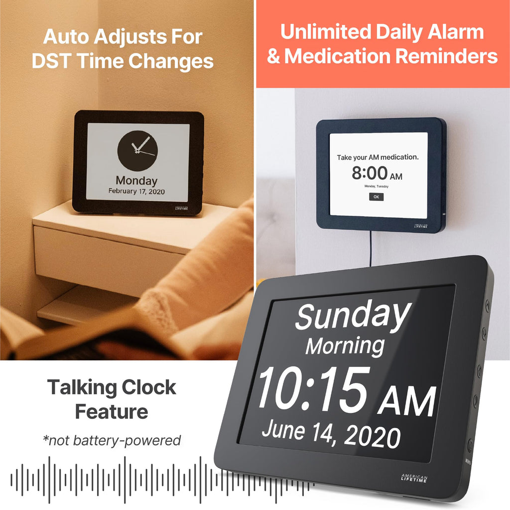 American Lifetime 【New 2024 Dementia Clock Large Digital Clock for Seniors, Digital Clock Large Display with Custom Alarms, Clock with Day & Date for Elderly, Large Number Digital Clock Premium Black