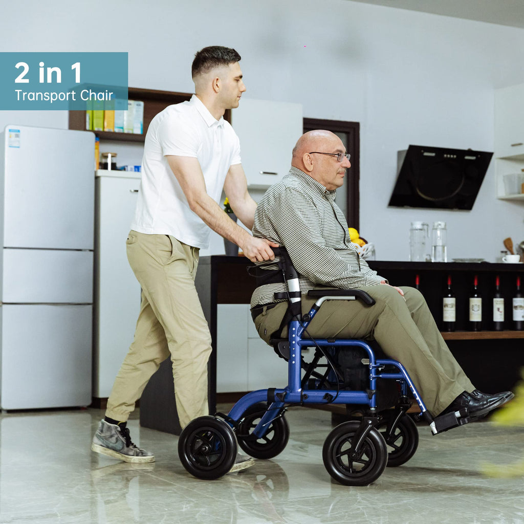 ELENKER All-Terrain 2 in 1 Rollator Walker & Transport Chair, Folding Wheelchair with All 10” Wheels for Seniors, Reversible Backrest & Detachable Footrests (Blue)