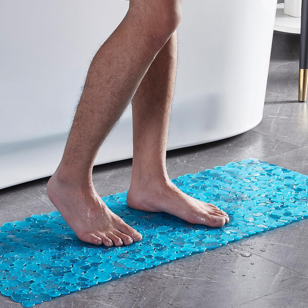 Webos Bath Shower Mat Non Slip: Extra Large Pebble Bathtub mat for Kids, Elderly, Anti Slip Shower Matt with Drain Holes Suction Cups Tub Mat - 16 X 40 Inch Clear Green