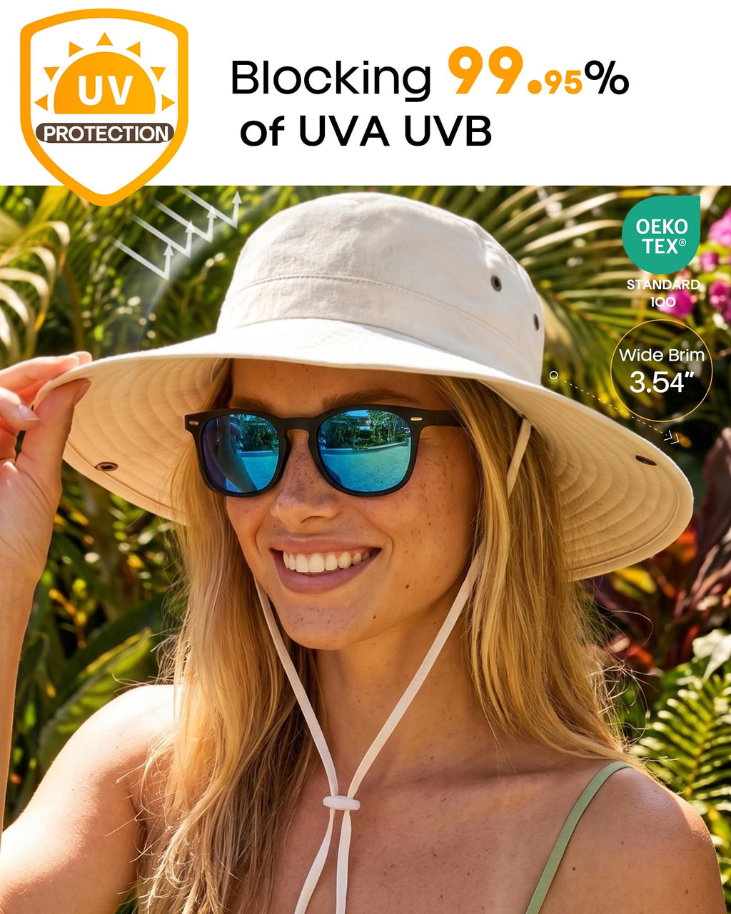 Sun Hats for Women Ponytail UV Protection Beach Summer Hat Wide Brim Packable Cowboy Hat Beige