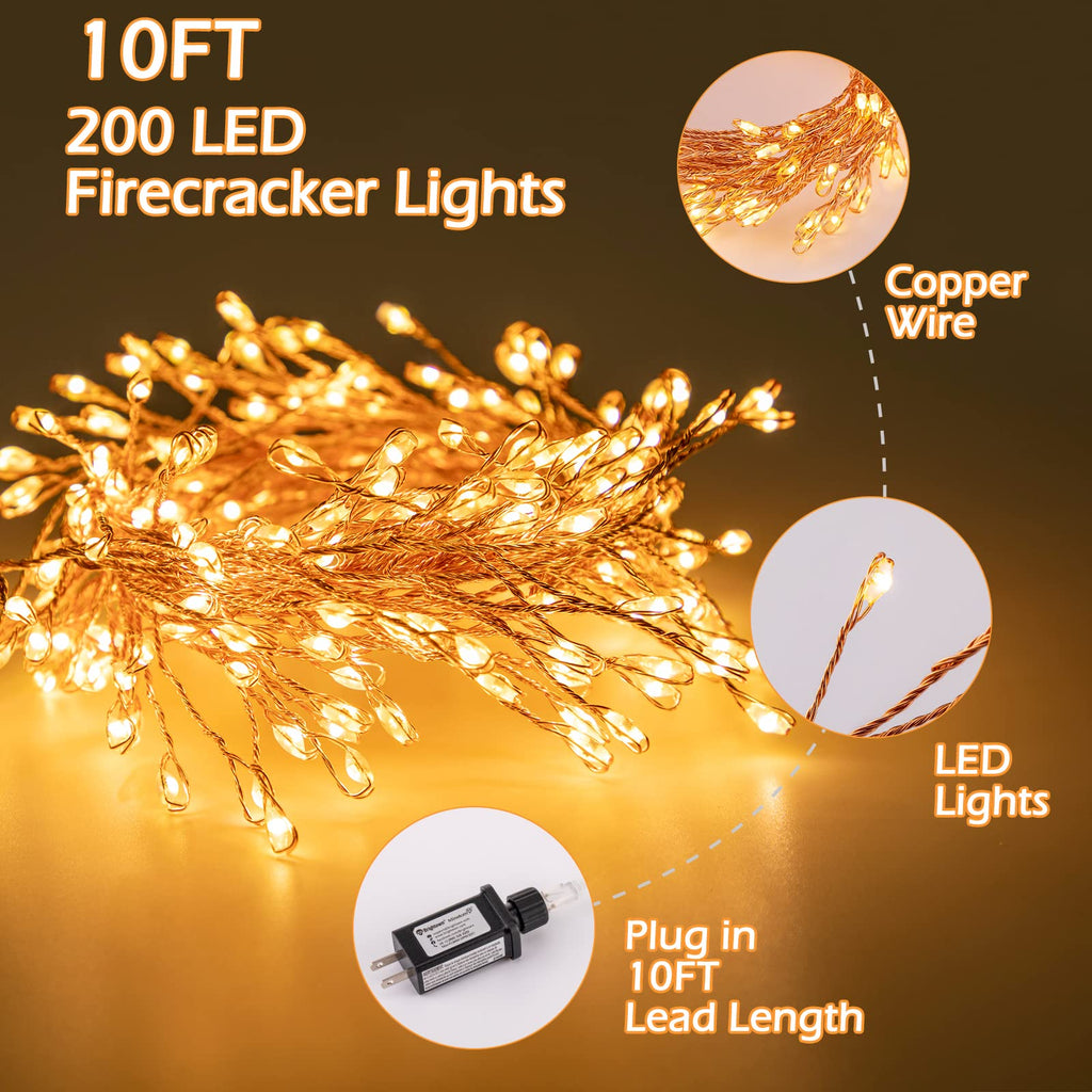 Firecracker Lights with Remote, 10 Feet 200LED Cluster String Fairy Lights Plug in, Waterproof Copper Wire Firefly Lights for Mantle Bedroom Window Weddings Christmas Tree Decoration, Warm White