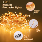 Firecracker Lights with Remote, 10 Feet 200LED Cluster String Fairy Lights Plug in, Waterproof Copper Wire Firefly Lights for Mantle Bedroom Window Weddings Christmas Tree Decoration, Warm White