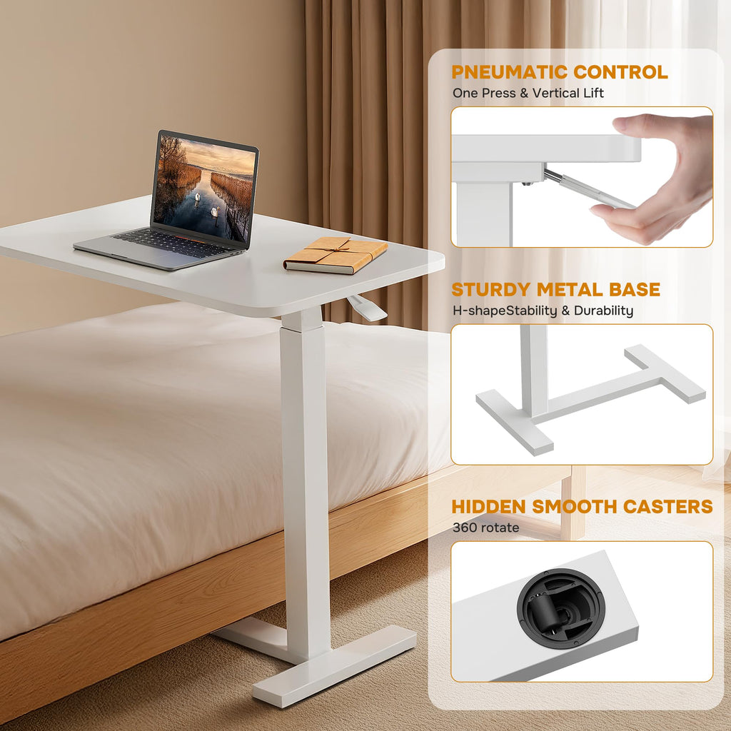 Simple Deluxe Overbed Bedside Table with Hidden Casters, Adjustable Pneumatic Mobile Laptop Computer Standing Desk, Rolling Laptop Table, Movable Overbed Table Hospital Home Use, White