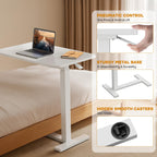 Simple Deluxe Overbed Bedside Table with Hidden Casters, Adjustable Pneumatic Mobile Laptop Computer Standing Desk, Rolling Laptop Table, Movable Overbed Table Hospital Home Use, White