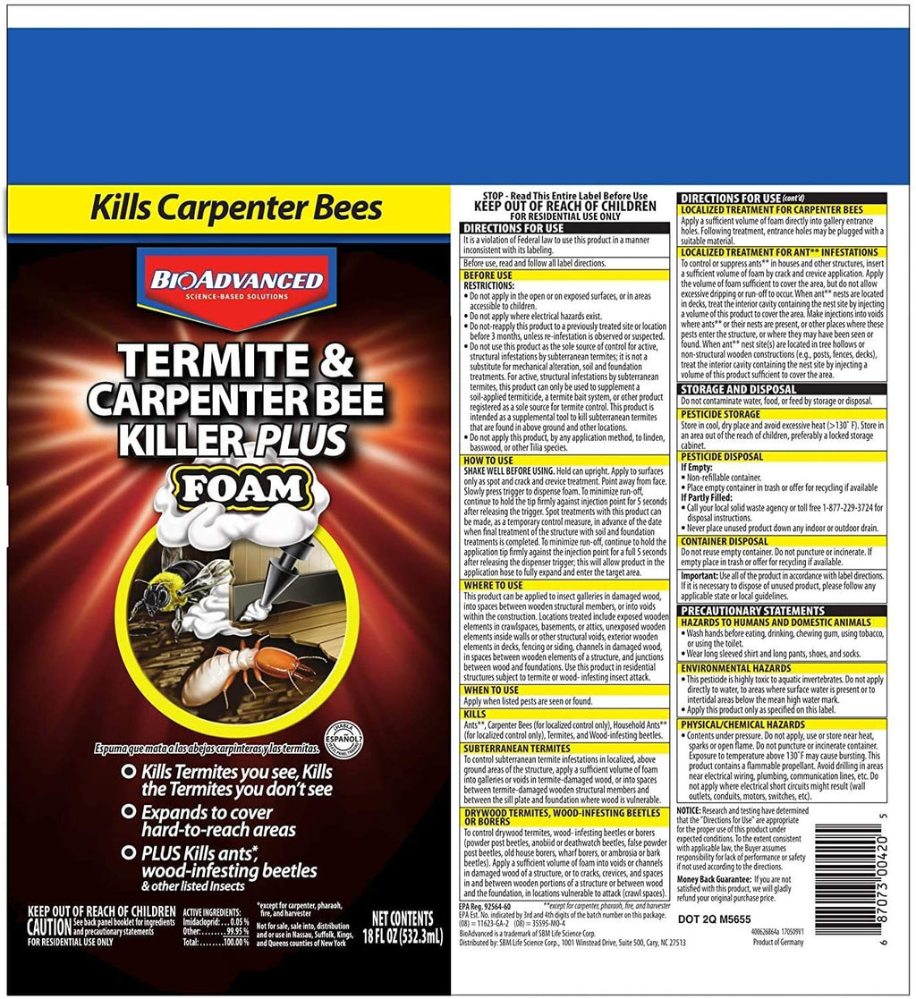 BioAdvanced Termite and Carpenter Bee Killer Plus, Foam, 18 oz