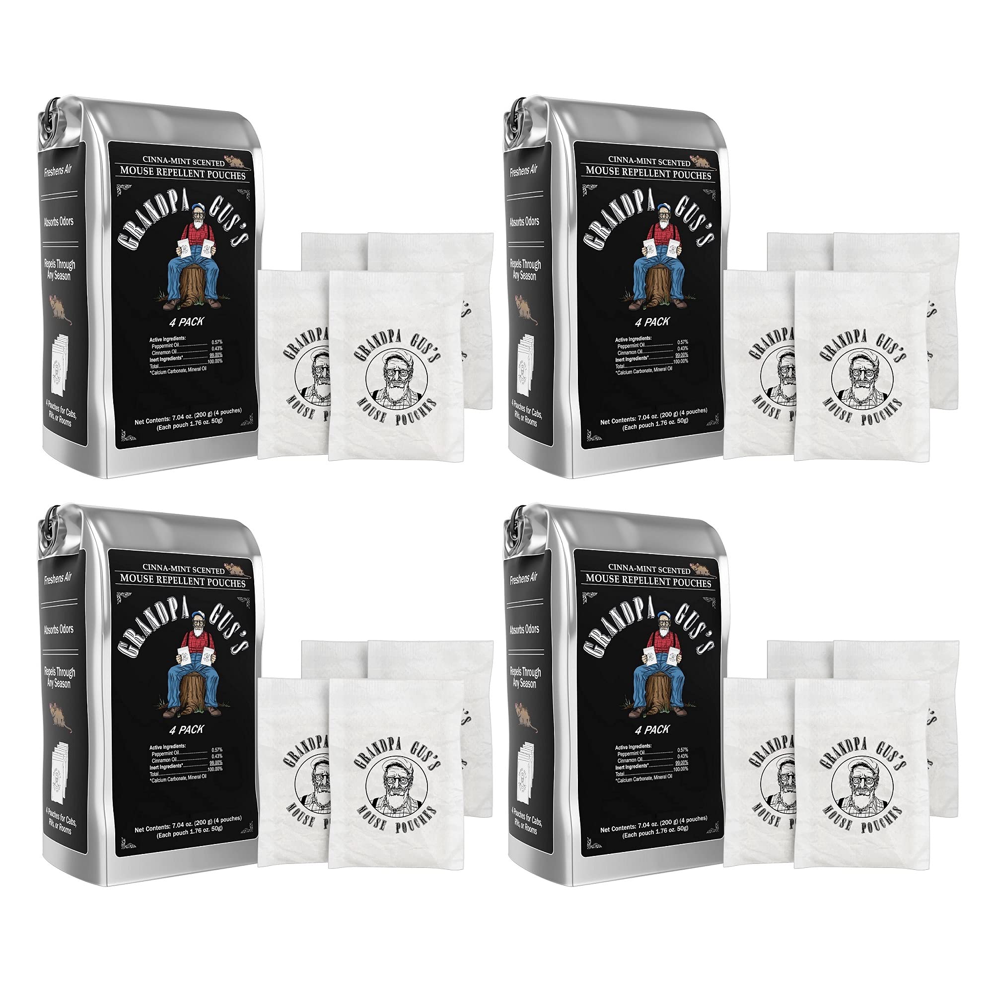 Grandpa Gus's Extra-Strength Mouse Repellent Pouches, Cinnamon/Peppermint Oils Repel Mice from Nesting & Freshen Air in Car/RV/Boat/Garage/Shed/Cabin (Pack of 16)