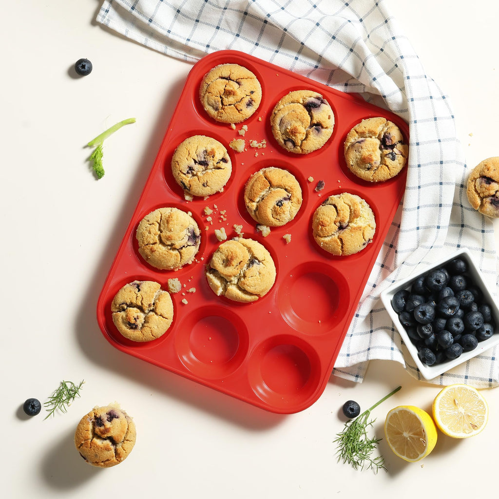 2 Pack 12 Cups Silicone Muffin Pan with Metal Reinforced Frame Regular Size Silicone Molds Cupcake Cake Baking Pans Cookie Baking Chocoflan Cupcake Mold Nonstick Muffin Tin Home Baking Supplies