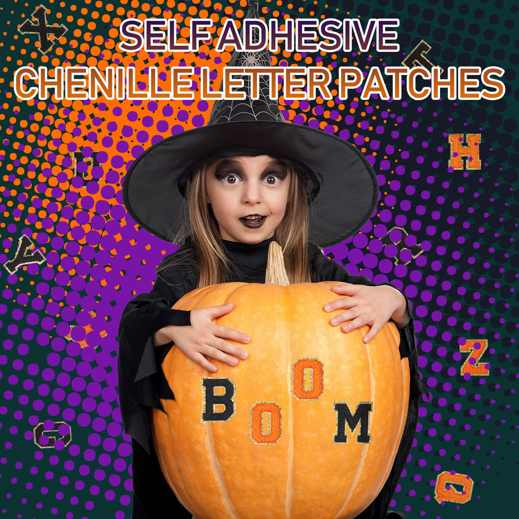 WILLBOND 52 Pcs Chenille Letter Patches Bulk Self Adhesive Letter Patches for Backpacks Stick on Letters Embroidered Applique Patch for Clothing Hats Halloween Christmas Supplies(Black, Orange)